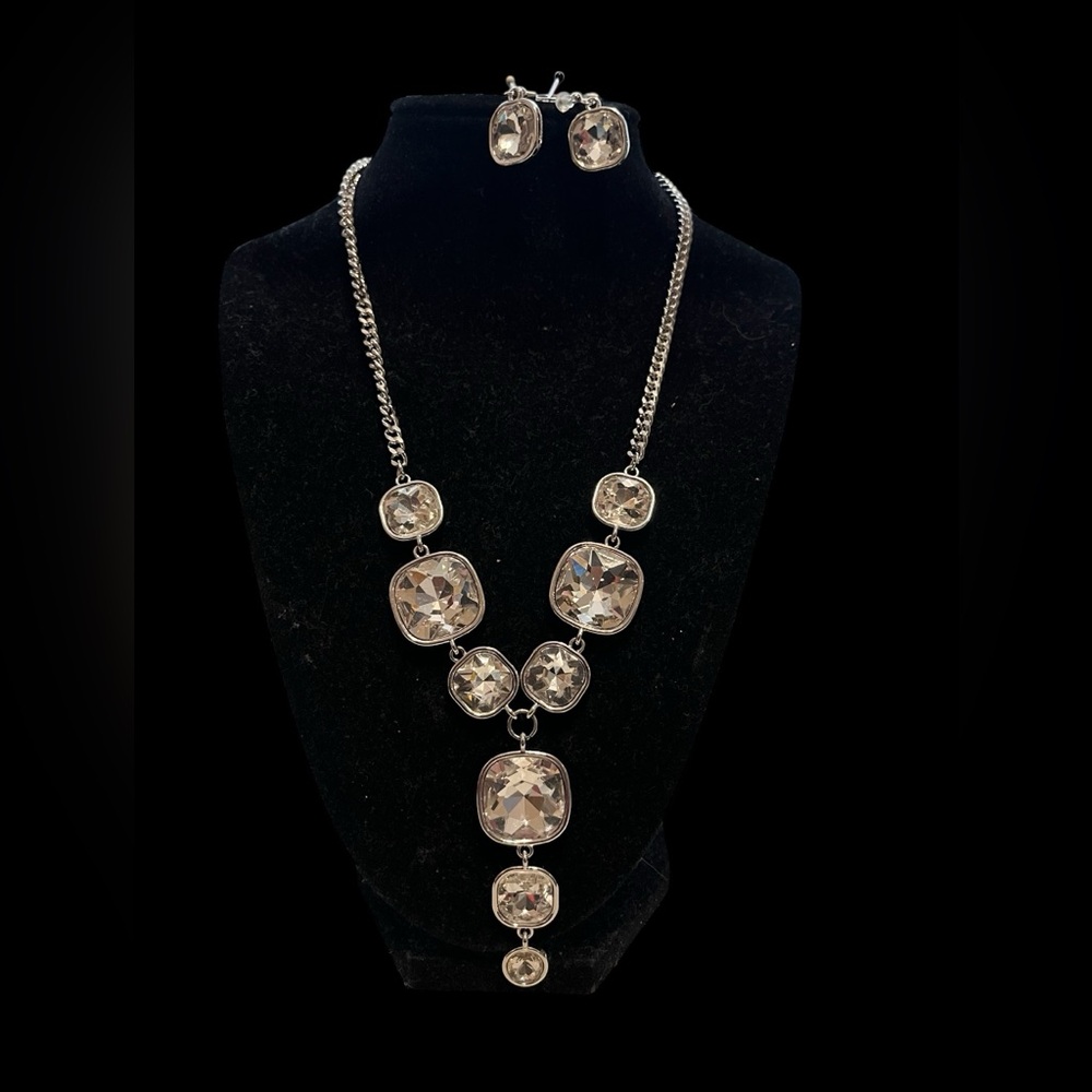 Brilliant rhinestone faceted “Y” necklace with matching drop earrings